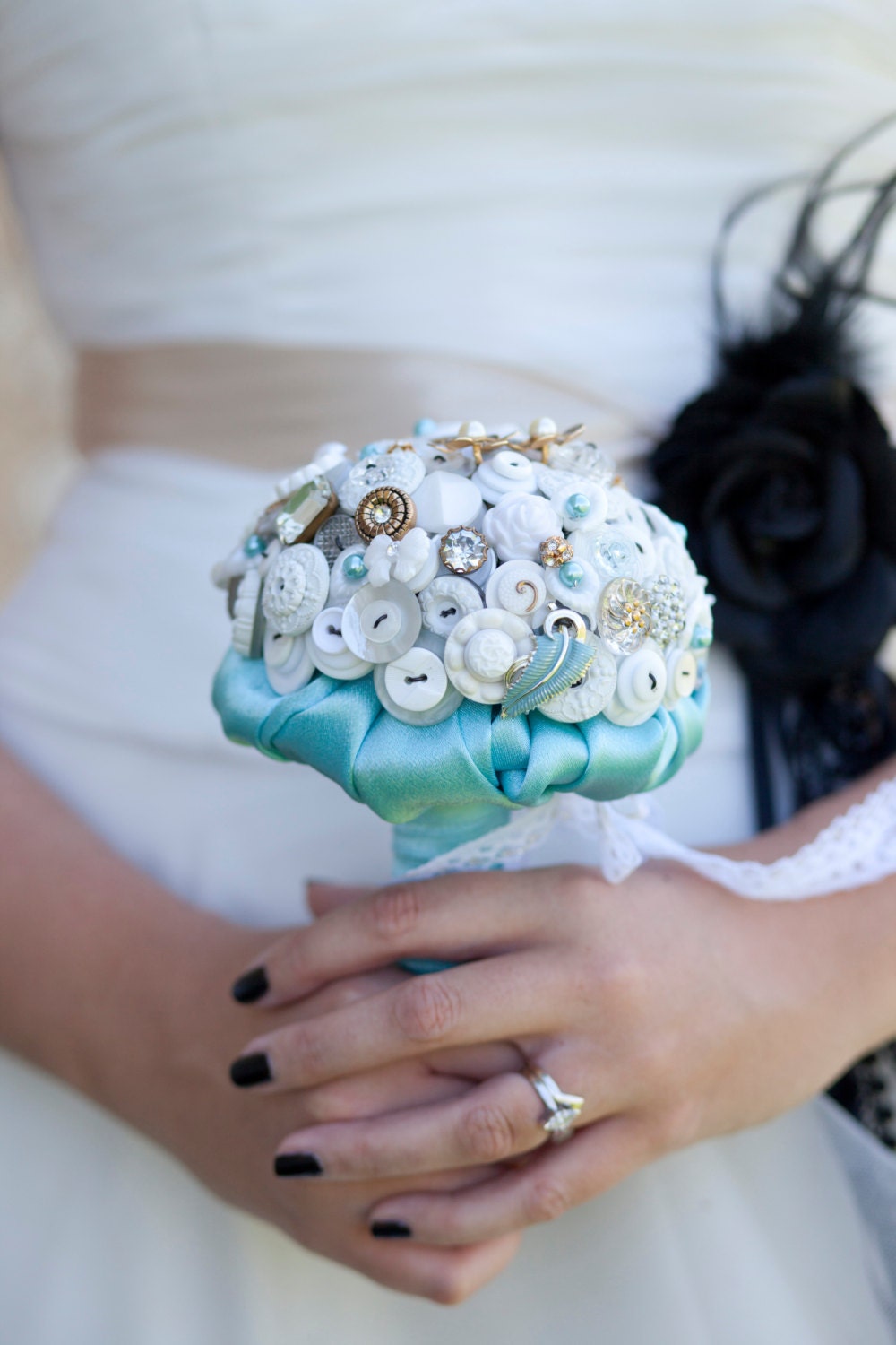 Button Bouquet  "Tiffany's Treasure" made with jewellery and buttons with Buttonhole Bridal Wedding