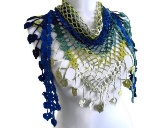 Crocheted Blue green and yellow Bamboo Lace Scarf ,Holiday Accessories, gift, valentines day,  fashion, 2013