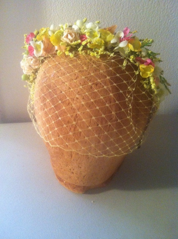 Little Miss Sunshine Floral Veiled Headband Garden Flower Crown Yellow Hot Pink Headpiece Yellow Veil