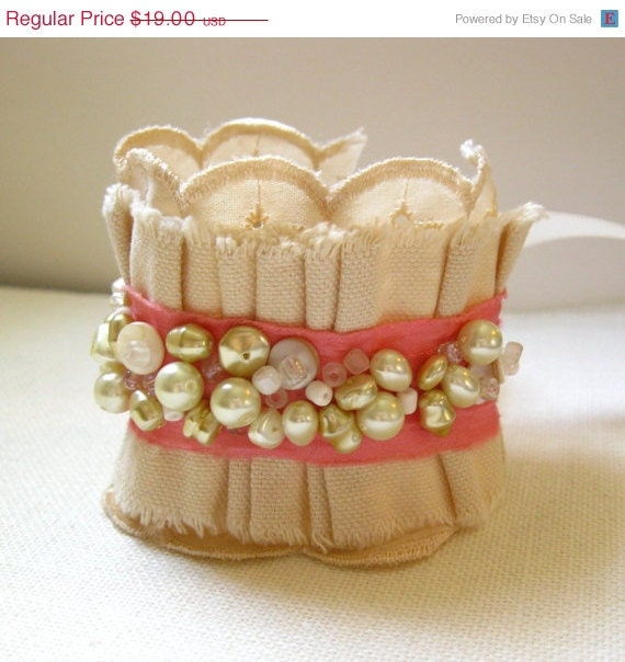 Mothers Day - Hand Beaded Rose Pink Vintage Ruffled Cotton Linen Cuff Bracelet