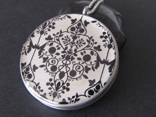 BIG - Black and white Damask - Stainless steel photo Locket necklace