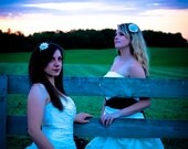 SALE Layered white poppy flower with light blue stamen centre and white tendrils, offwhite clay bridal hair clip