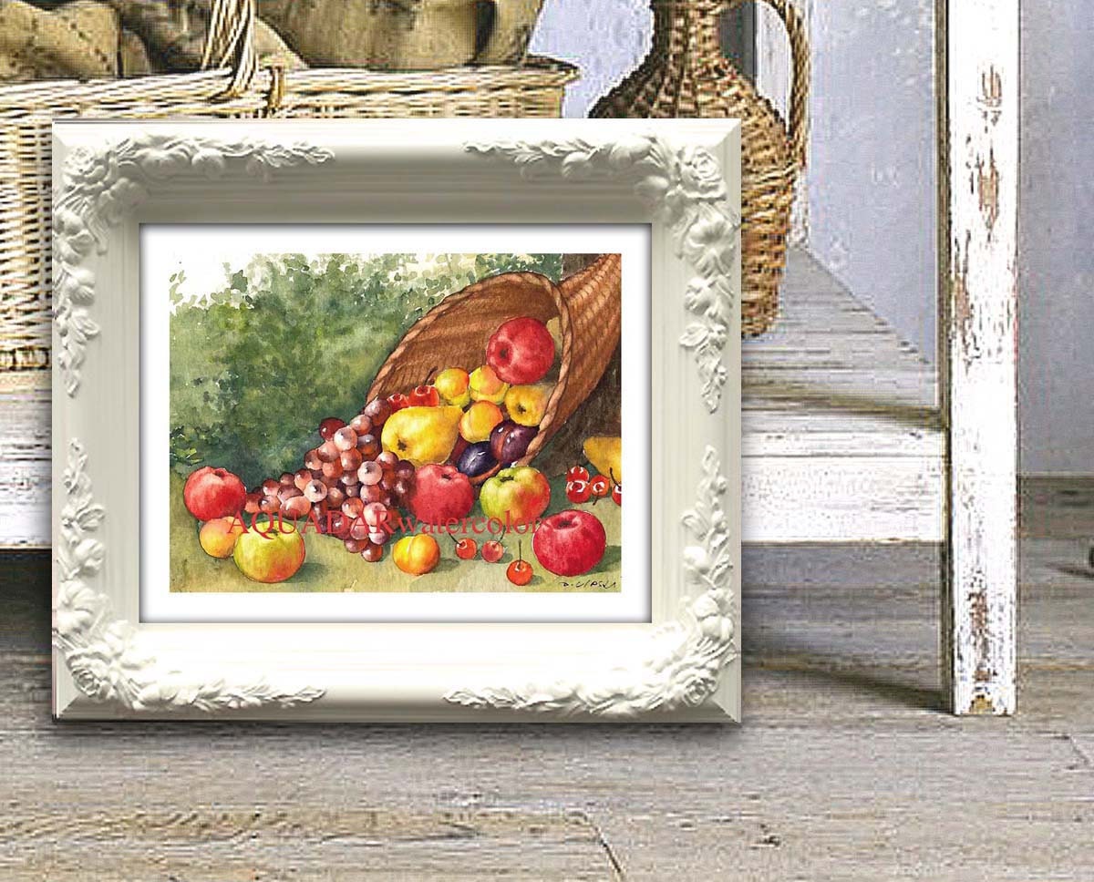 Wall art Home decor Kitchen decor Cottage Basket with fruits red ruby grapes - 8"x10" Print from original watercolor painting Shabby Chic