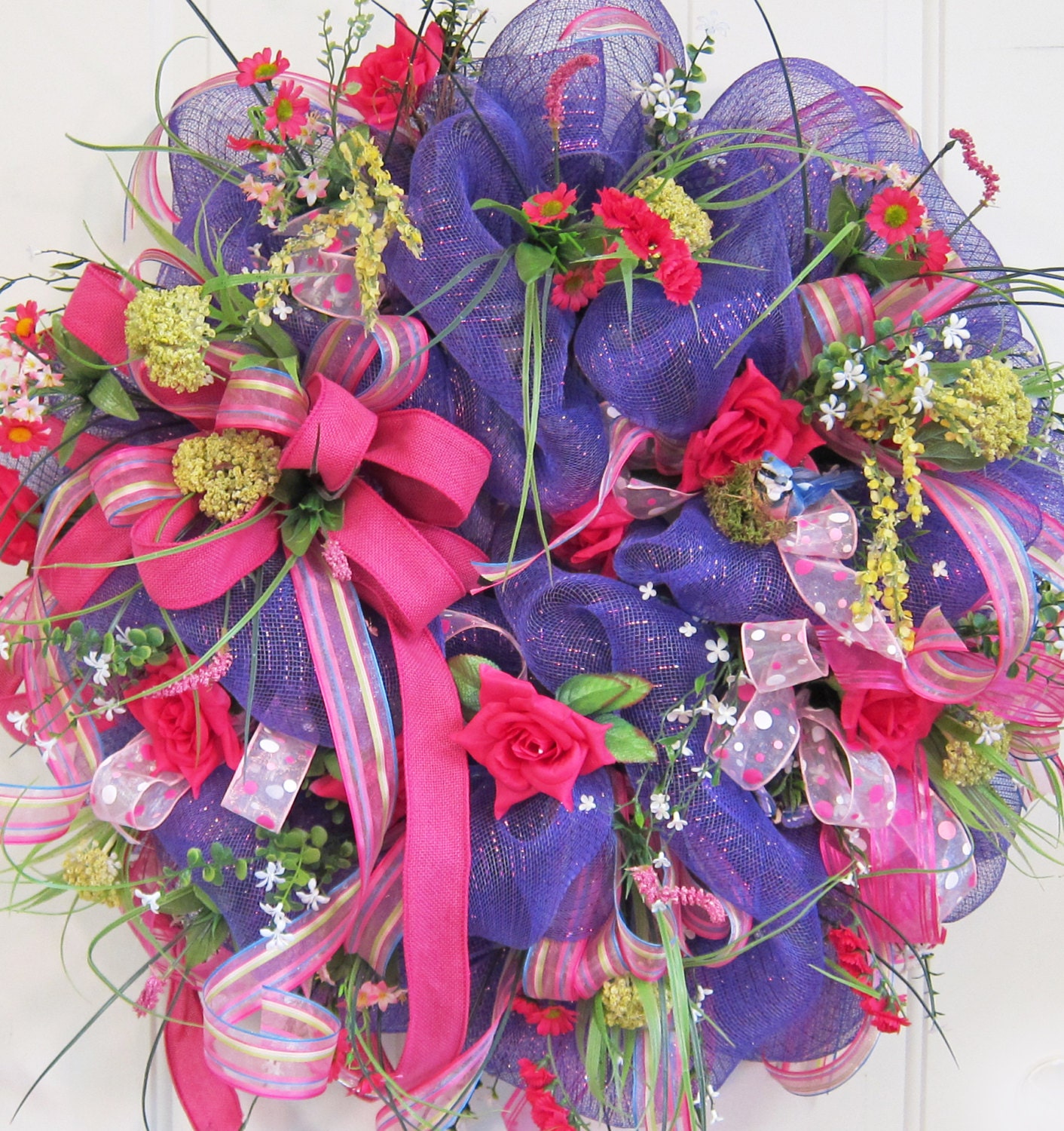 Deco Mesh Spring & Summer Wreath, Gorgeous and Showy on Your Door, Bird, Lots of Flowers