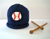 Knit Baby BASEBALL Hat, Infant Boy, 0 to 6 months, Sports Fan, Baby Shower gift, Navy Blue Handknit, Homerun