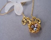 Wedding Jewelry, Cute little gold egg nest, Personalized initial leaf, Bridesmaid Gift, Birthday gift, Gift for Mother, Gift for Grandmother