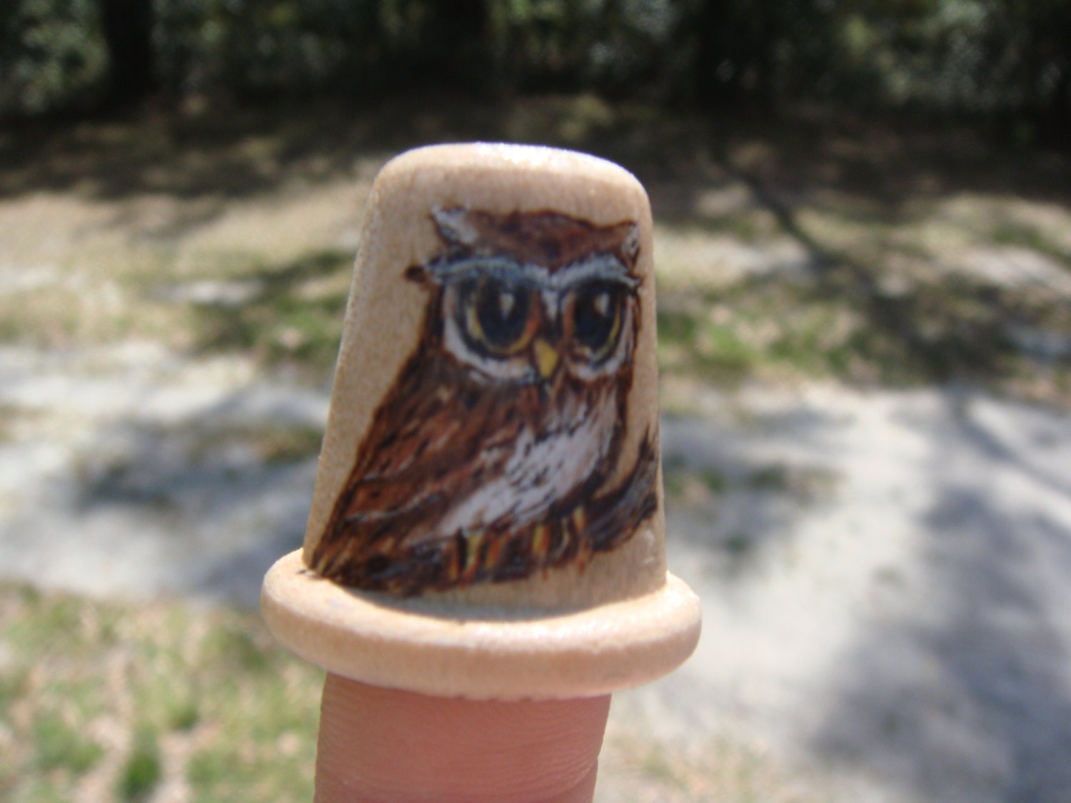 wooden thimble with woodburned owl