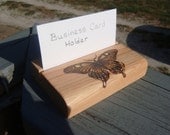 handmade wood burned cypress  Business Card Holder butterfly