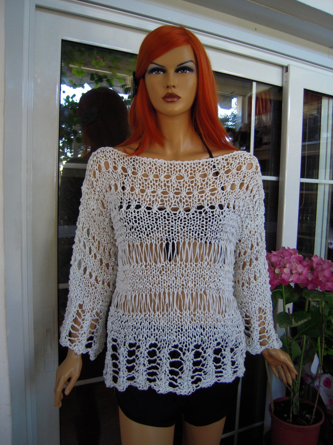 Handmade eco friendly lace sweater/grunge sweater in white cotton by golden yarn