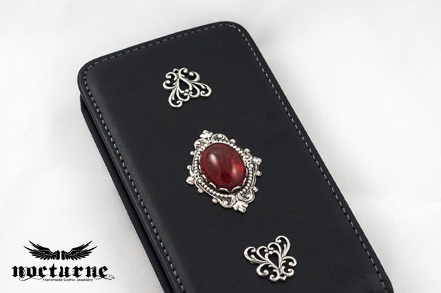 iPhone 4 and 4s Flip Case - Victorian iPhone 4 Case with Vintage Red Stone - Black Leather Magnet Case - iPhone Accessories