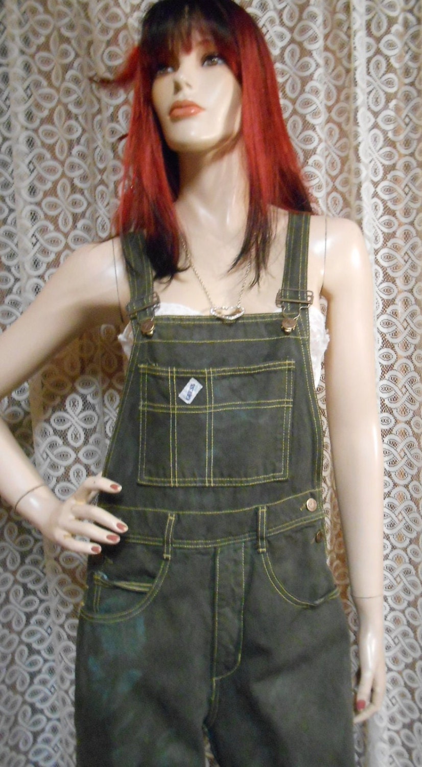 Vintage 80's Guess Military Green  Tie  Dyed Denim Overalls - Size SMALL