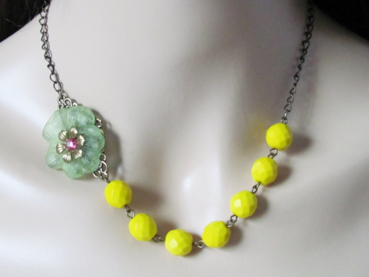 Neon Necklace Flower Necklace Yellow Necklace Women Jewelry Gift Anthropologie Necklace Retro Necklace Green Necklace Shabby Chic Necklace