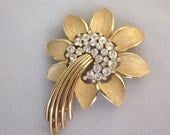 Trifari Rhinestone Brooch Pin, Vintage Trifari Flower Floral Brooch, Gold Metal Clear Rhinestones, 1960s Vintage Jewelry, Gift for Her