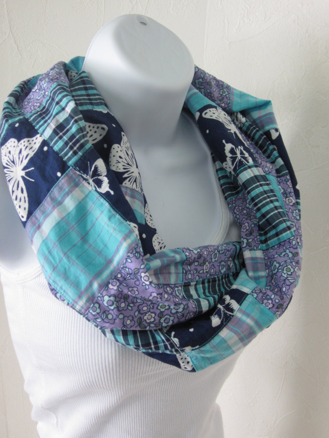 Infinity Scarf Cotton Plaid Quilt Patches in Aqua, Navy and Lavender Purple with Butterflies Patchwork Infinity Scarf
