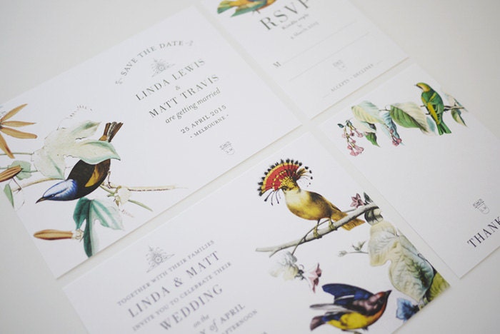 Botanical Bird Wedding Invitation Suite Printable Set of 4