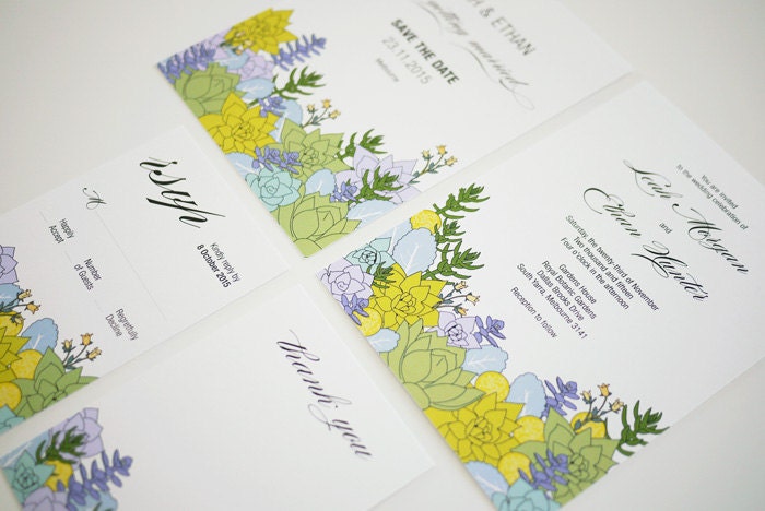 Elegant Succulent Wedding Invitation Set of 4 Printable Template