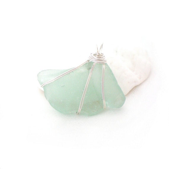 teal sea glass wire wrapped pendant OOAK