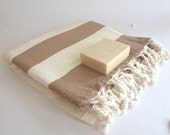 Organic Bamboo Turkish Towel, Bath, Natural Peshtemal, Hammam, spa, yoga, beach, Bath and Beauty, Mother's Day  Gift, White and Brown