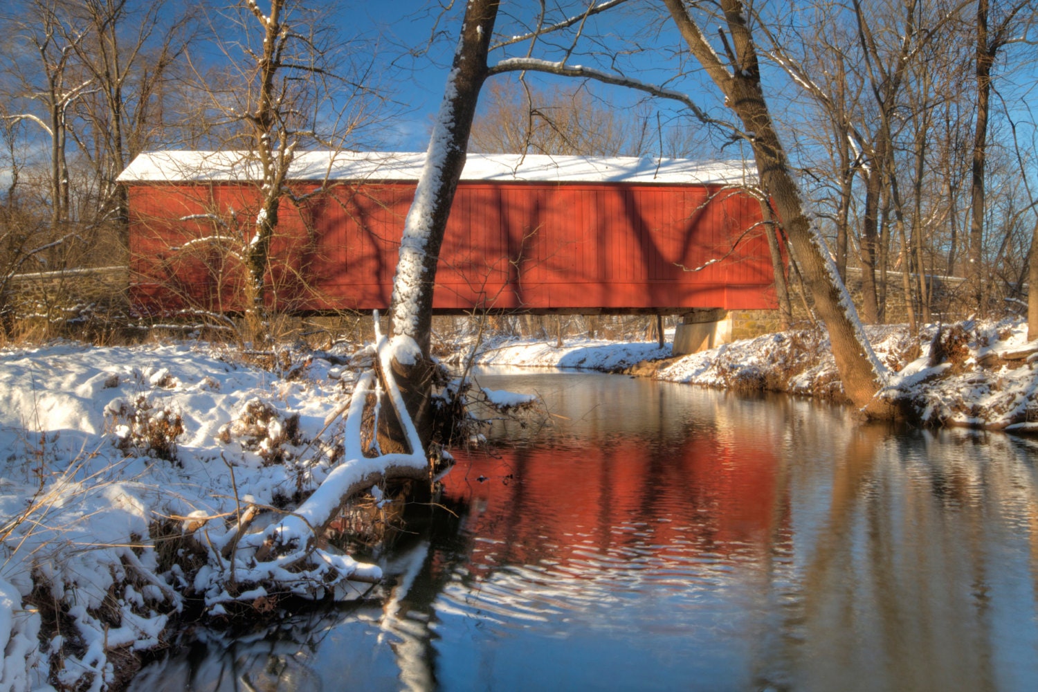 Rustic Photography - Covered Bridge - Winter - Snow - Landscape Photograph - Reflection - Country - 6X9 -  HDR - Bucks County - Art Print