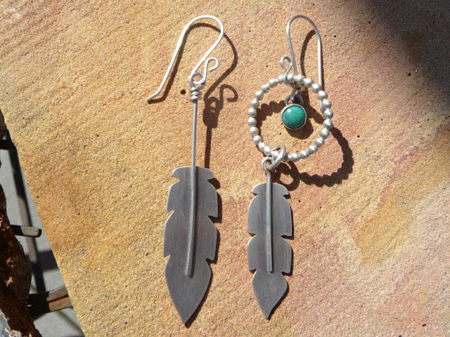 Turquoise and Sterling Silver Feather Mismatched Asymmetrical Ear Wire Earrings