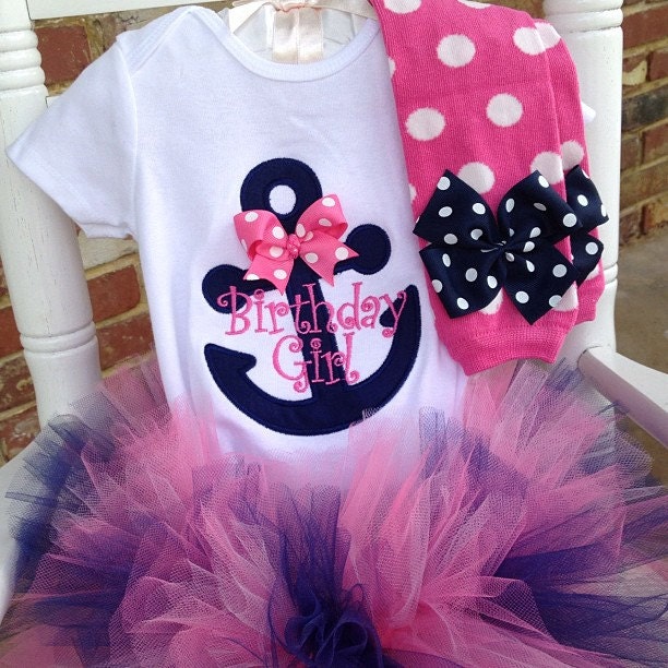 First Birthday Tutu Outfit  -- Anchor outfit -- pink and navy leg warmers, tutu and personalized onesie