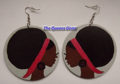 Handpainted Afro Hair Lady Wooden Glitter Earrings