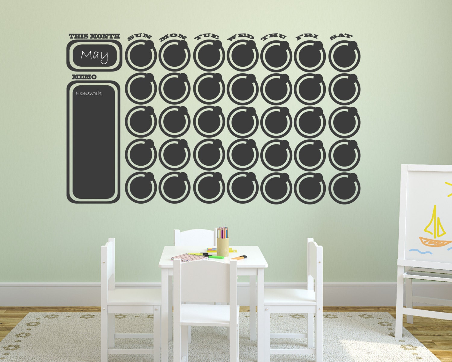 Chalkboard Wall Decal Calendar Wall Decal Memo with free chalk Vinyl Wall Decal