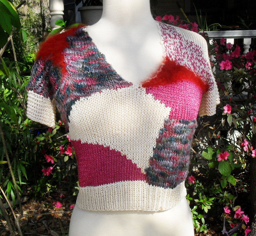 BOHO Patchwork Angora Sweater Crop Top 1980s Bright Graphic Knit