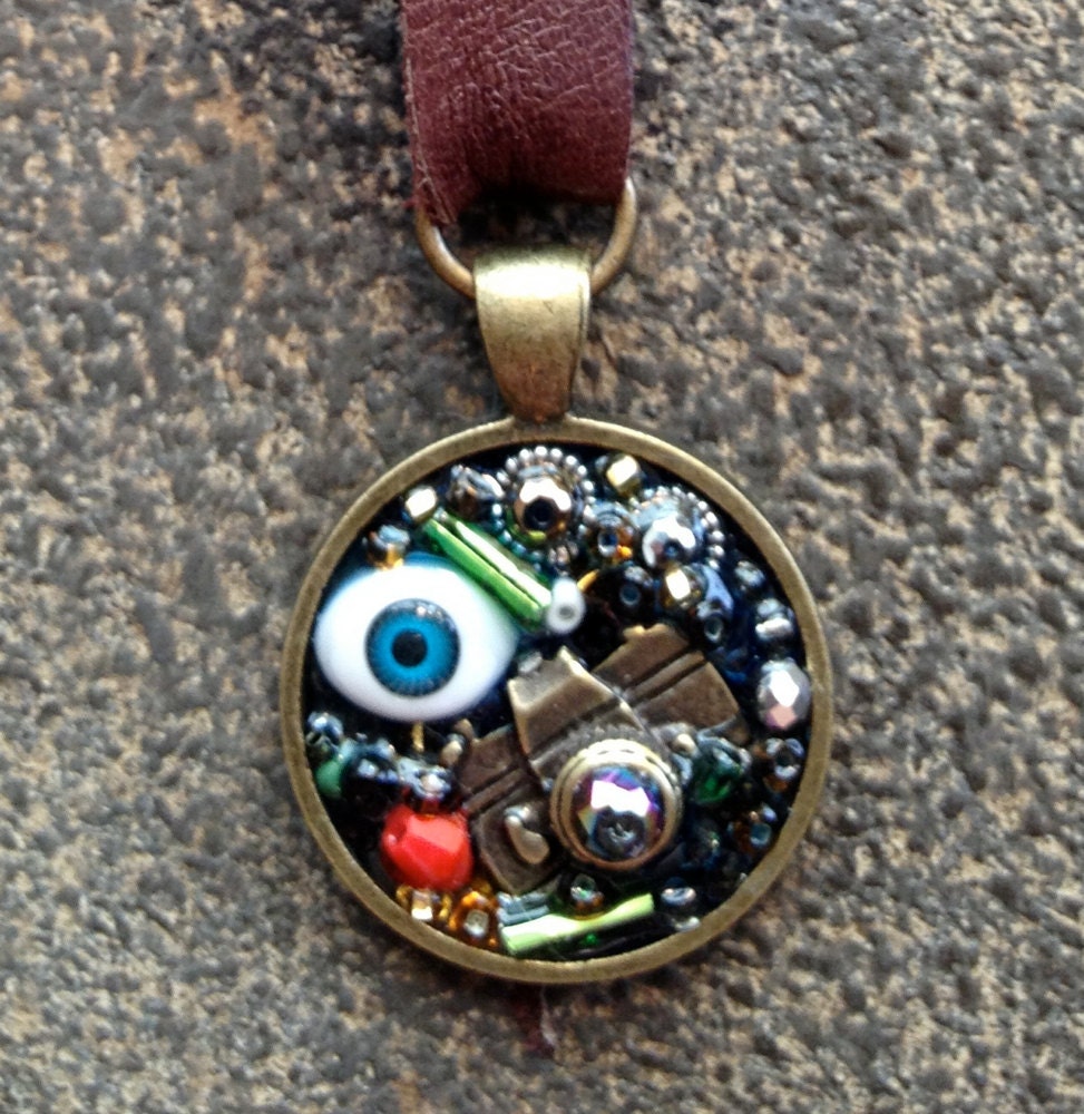 Evil Eye Keychain, Leather and Metal,Steampunk Rocker Style