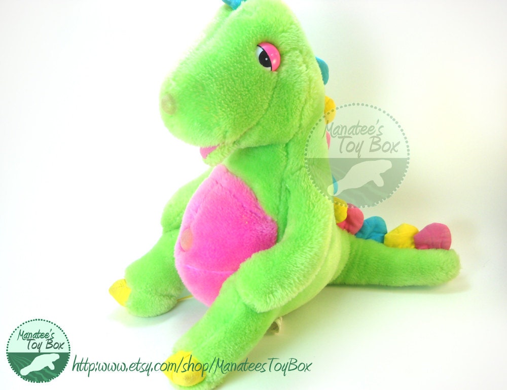 Rare Dinosnores Plush Toy 1980s Green with Pink Tummy