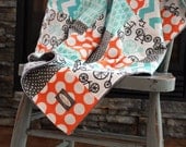 Baby Blanket, Modern Baby Quilt - Orange, Aqua, Grey, Bikes