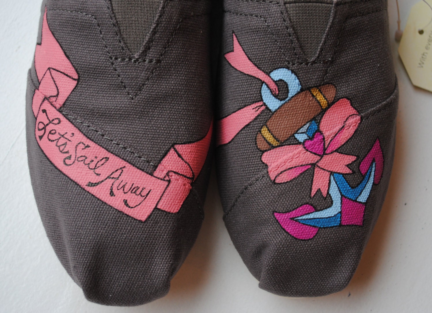 READY TO SHIP Womens Size 9 Custom Hand Painted Toms Anchor and Bow Design shoes