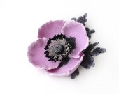 Felt flower lilac poppy with grey leaves - ready to ship
