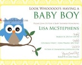 Owl Baby Shower Invitation with Sunburst Background