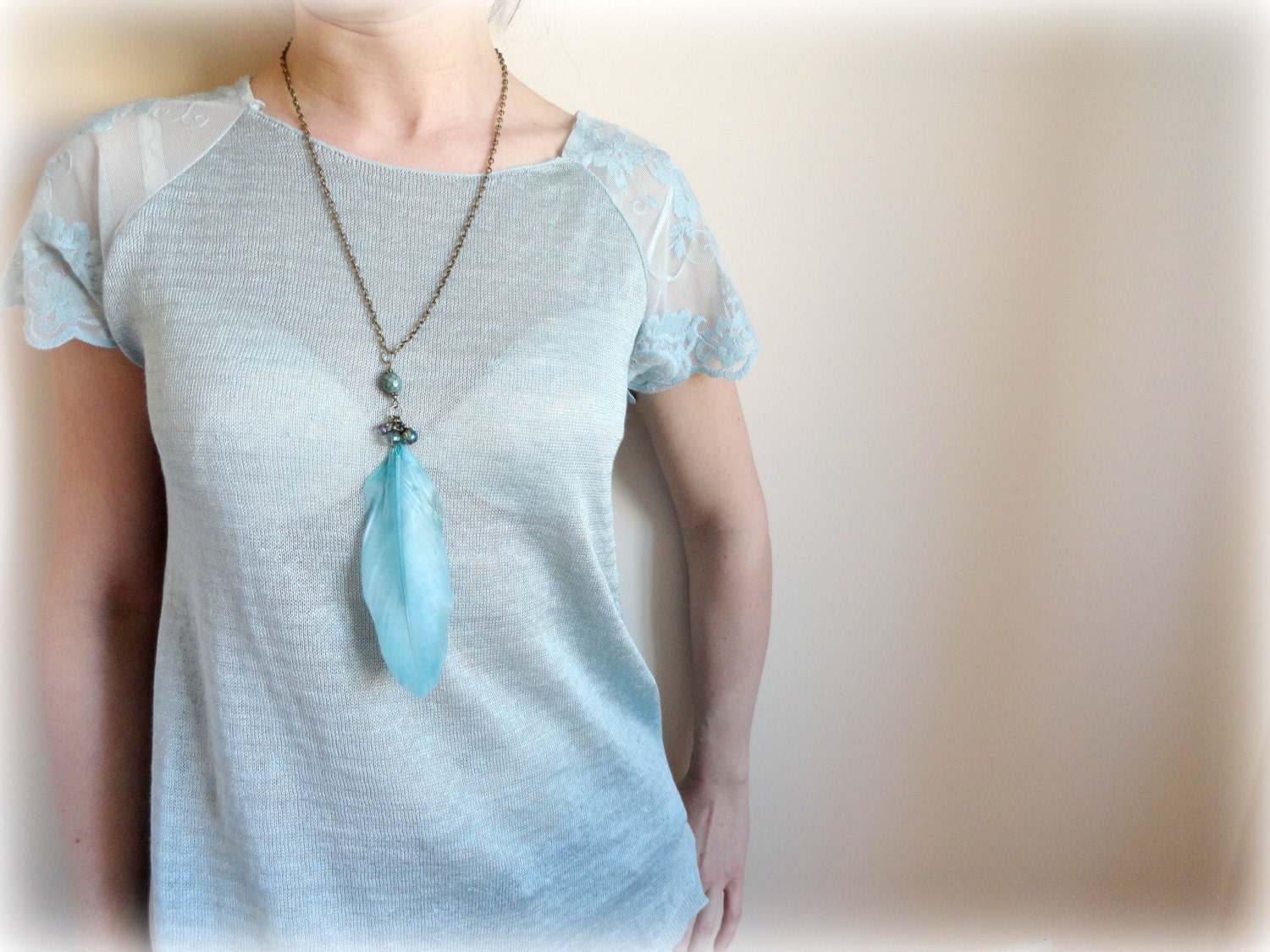 Blue Goose - Feather necklace Teal turquoise iridiscent rainbow blue glass Gift for her nature lover valentine under 25