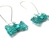 Turquoise Bow Earrings, Knitted Wire Earrings