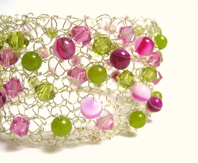 Midsummer Knitted Wire Bracelet, Gemstone Bracelet With Pink Agate, Peridot and Swarovski Crystals