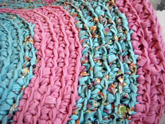 Handmade Rag Rug in Aqua Blue and Pink by Karenhugheskreations