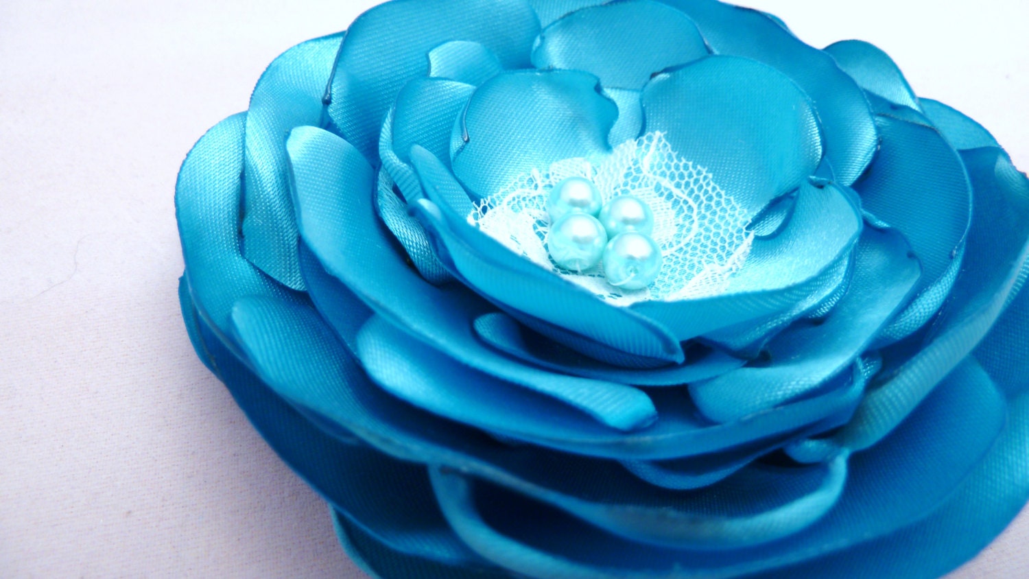 Turquoise Blue, Tiffany Blue Satin Flower, Hair Clip, Pin or Applique, White Lace and Pearls, Spring or Summer Wedding