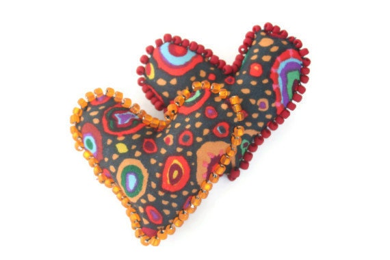 Double Hearts Valentines Day Pin  - Soft Sculpture Hearts Red Black