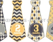 Monthly Onesie Stickers Baby Boy Necktie Neck Tie Yellow Gray Black Chevron Argyle UNCUT 1-12 Months Plus Just Born - Gift