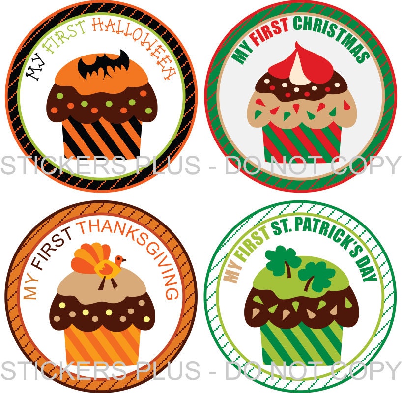 SALE First Holidays Baby Onesie Stickers Boy or Girl - Cupcakes Christmas Halloween Easter Thanksgiving School and More