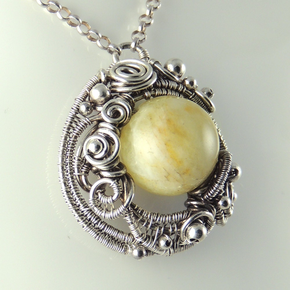 Cream Aquamarine Gemstone and Silver Sculpted Necklace, Mermaid Amulet