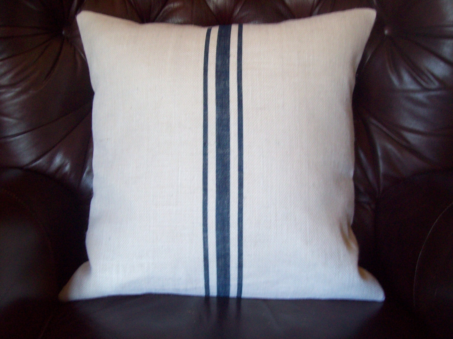 Burlap Grain Sack Pillow Cover with Hand Painted Navy Blue Stripes 18 x 18 by North Country Comforts / Striped Pillow Cover