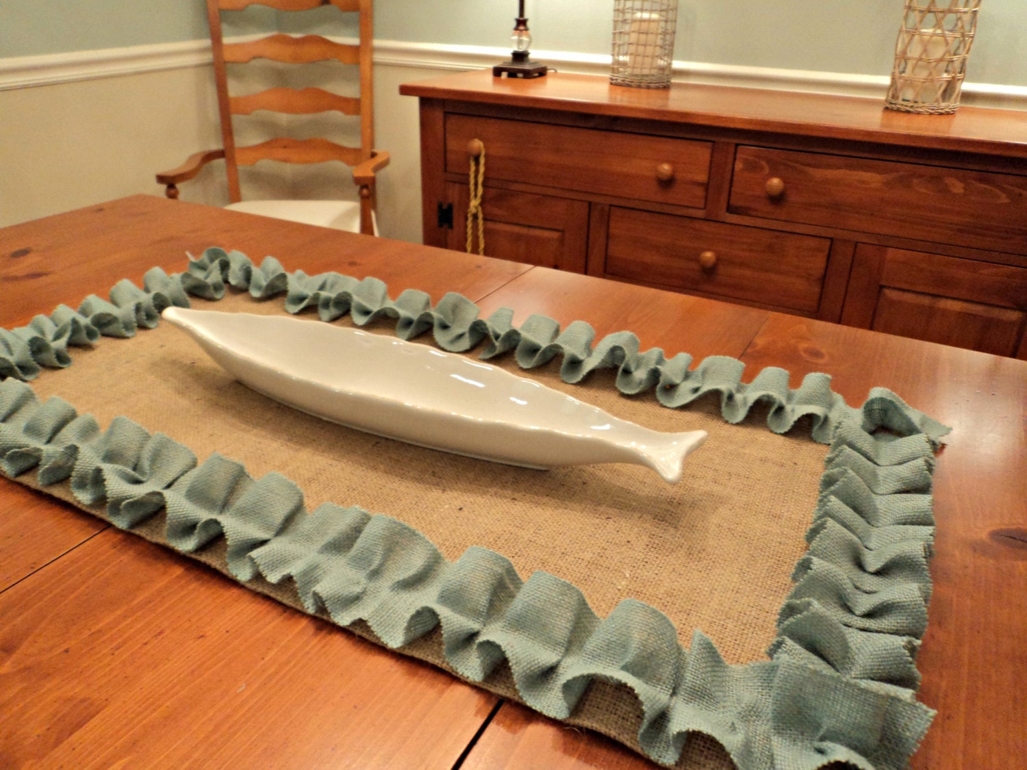 Burlap Table Runner with Mint Blue Ruffles Farmhouse to Coastal Decor Custom Size Available