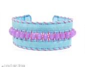 Beaded neon bracelet Bohemain Hippie embroidered cuff summer festival brights light blue neon lilac by LuciaFloresDesign