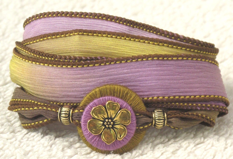 Silk Ribbon Whirly Wrap Bracelet in Lilac and Buttercup with a gold flower blossom button spring elegant necklace