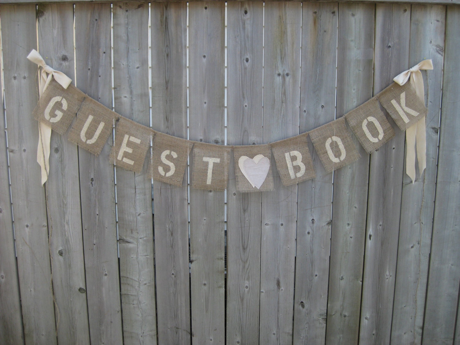SALE - GUEST BOOK Burlap Wedding Banner for Wedding Reception - Romantic Vintage Inspired Wedding Decor with Linen bows and Fabric hearts