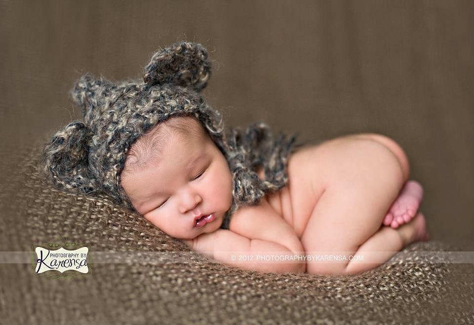 Crochet Newborn Baby Bear Bonnet Hat - Photography Prop