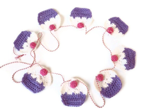 Crochet Cupcake Garland Cupcake Bunting Crochet Pennant in Purple, Pink and White, gift under 25